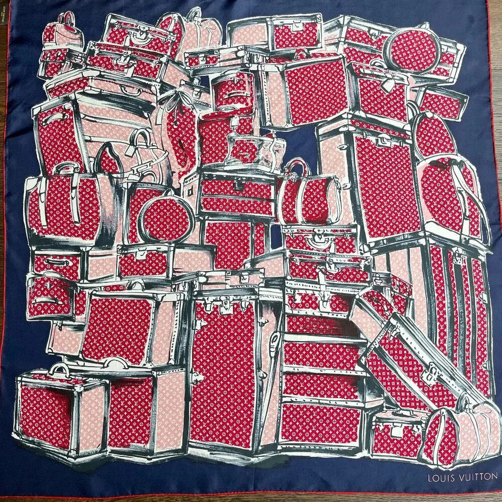 Louis Vuitton Scarf Trunks Luggage Monogram Blue Red Silk Wrap